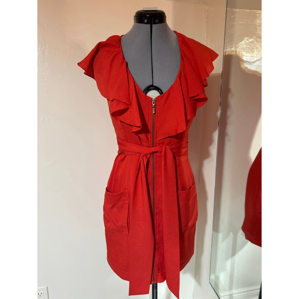 Women's Bebe Red Ruffle Tie-Waist Mini Dress S